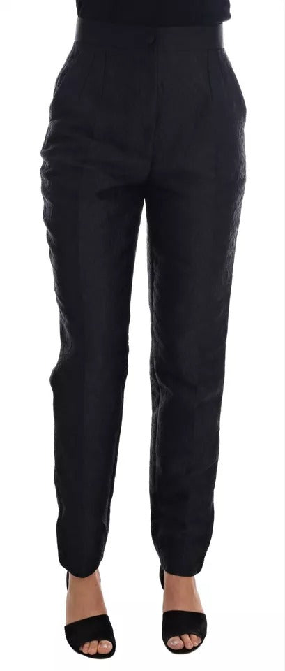 Hose aus schwarzem Blumenbrokat mit hoher Taille