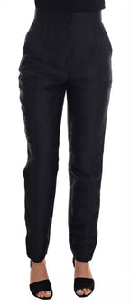 Hose aus schwarzem Blumenbrokat mit hoher Taille