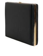 Schwarze Leder-Clutch mit goldenem Rahmen für Abend-Partys