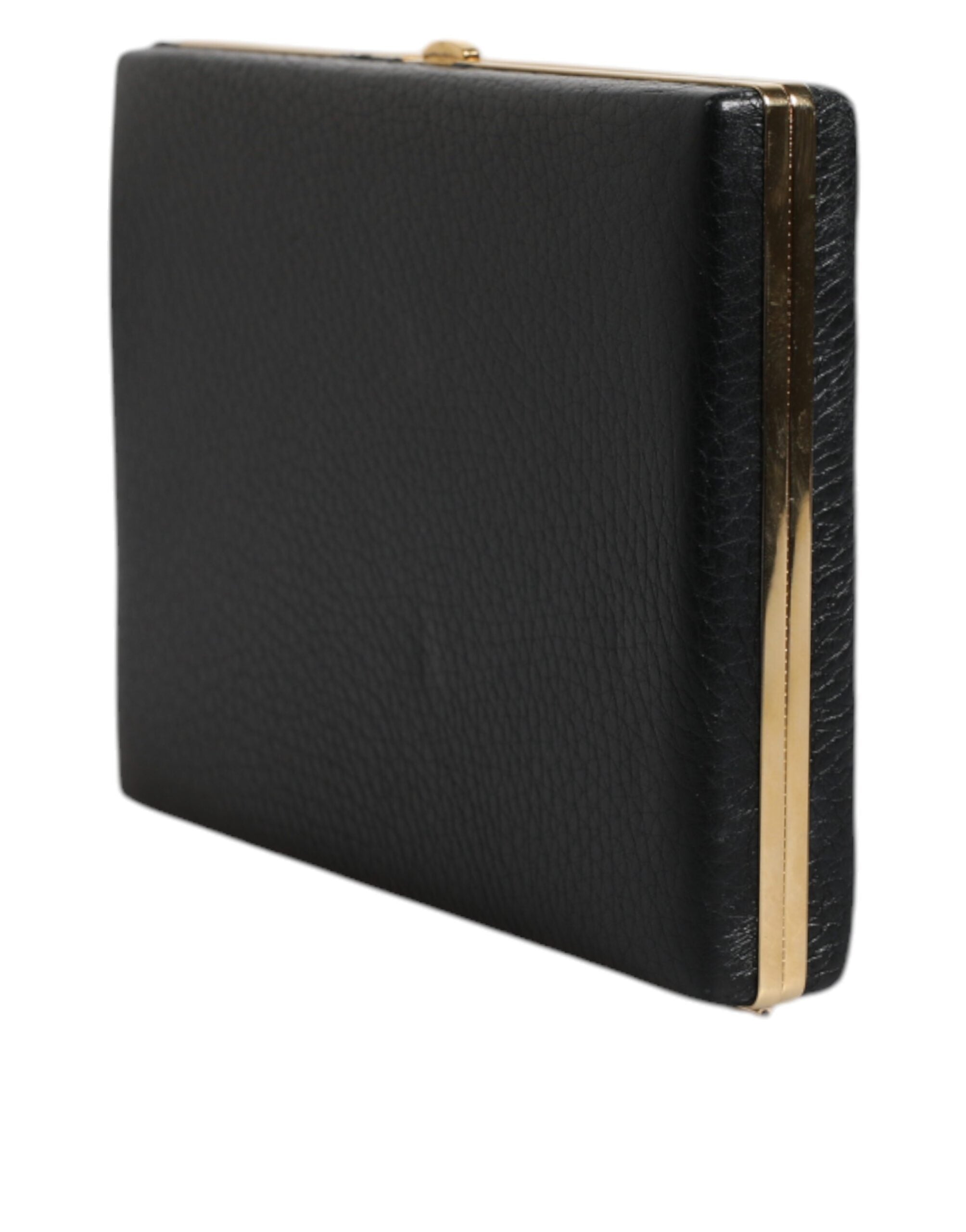Schwarze Leder-Clutch mit goldenem Rahmen für Abend-Partys