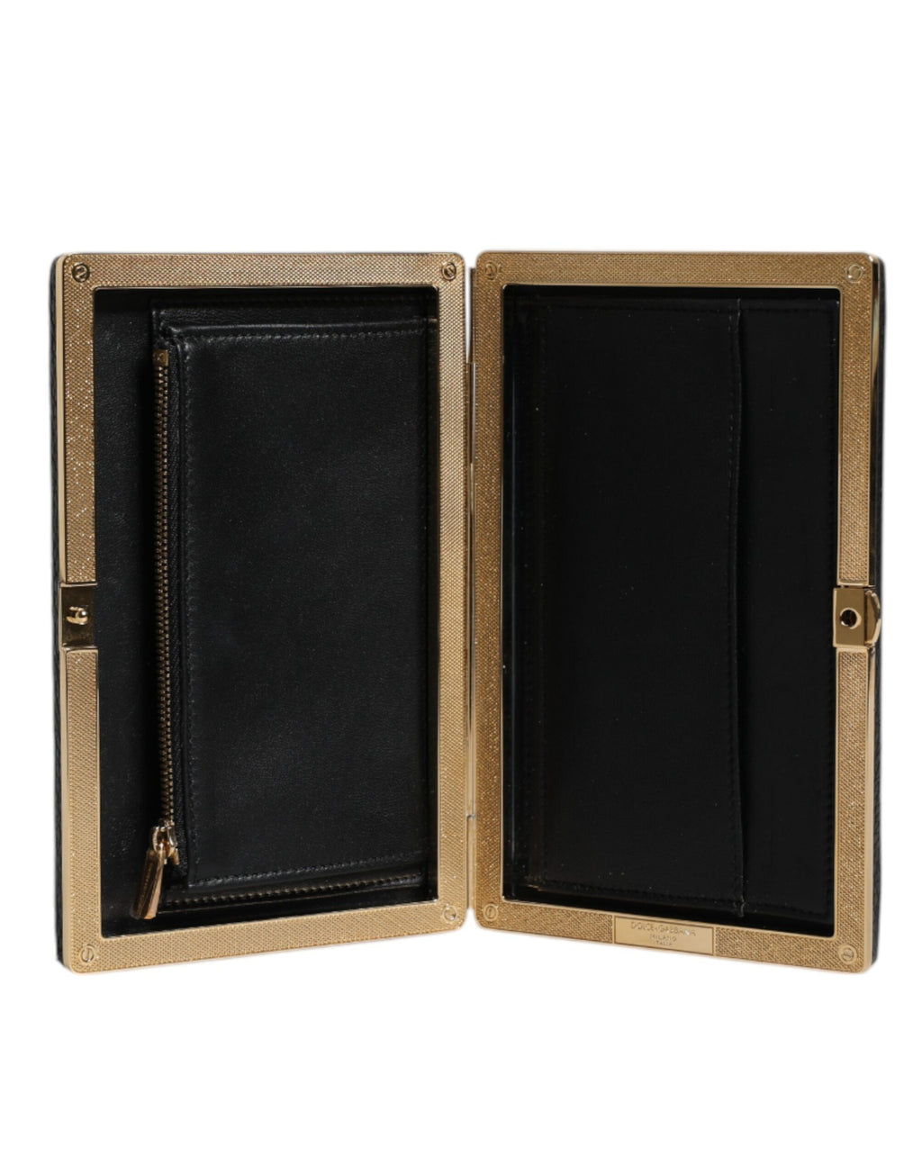 Schwarze Leder-Clutch mit goldenem Rahmen für Abend-Partys