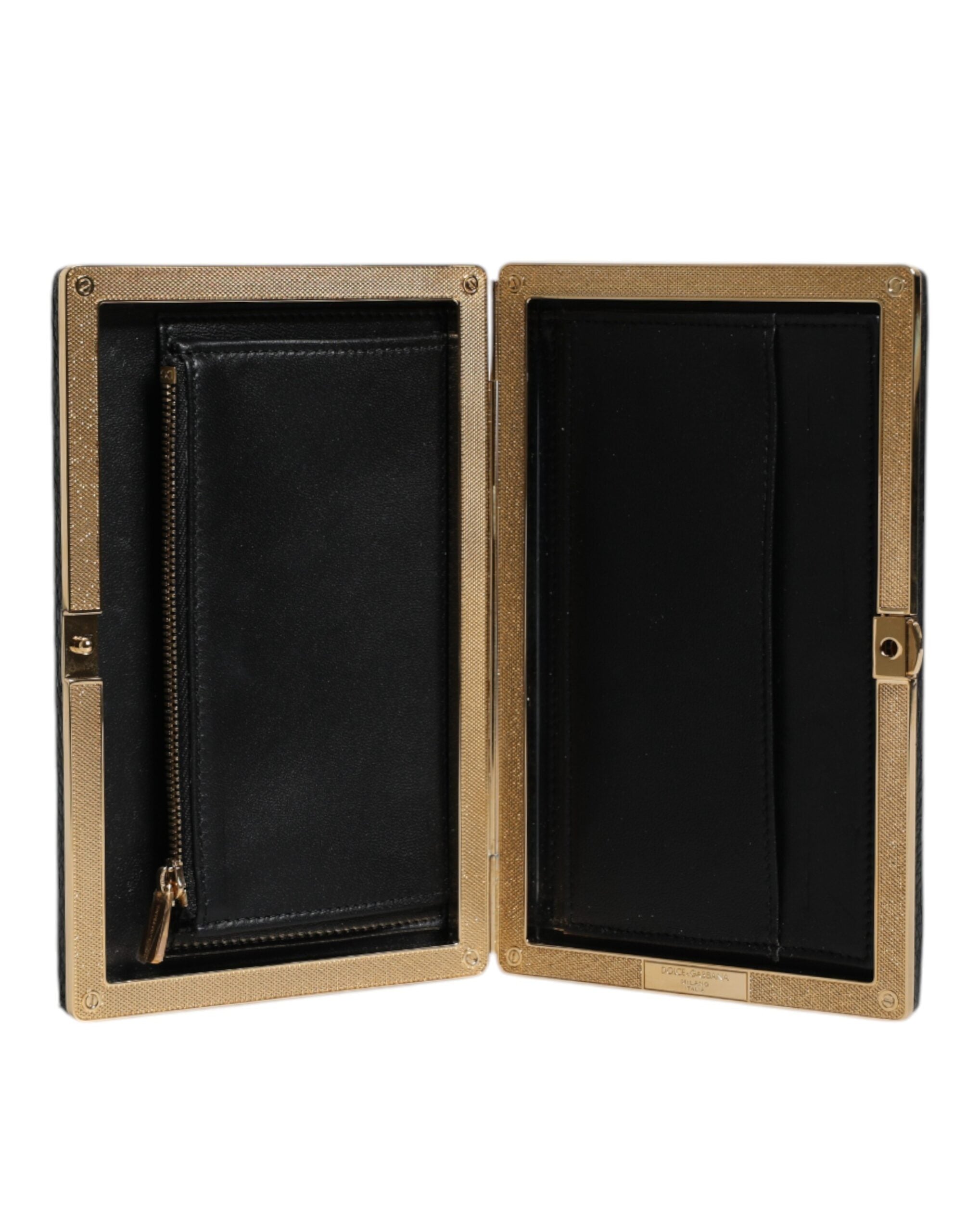 Schwarze Leder-Clutch mit goldenem Rahmen für Abend-Partys