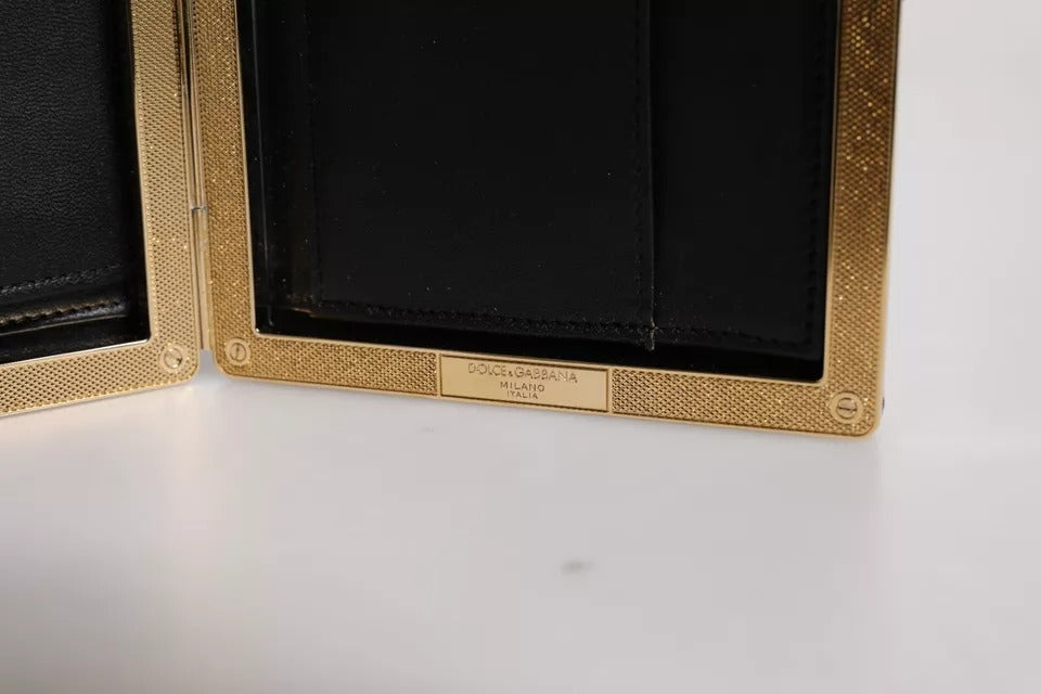 Schwarze Leder-Clutch mit goldenem Rahmen für Abend-Partys