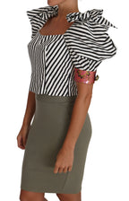 Weiß Schwarz Gestreiftes Cropped Top mit Puffärmeln