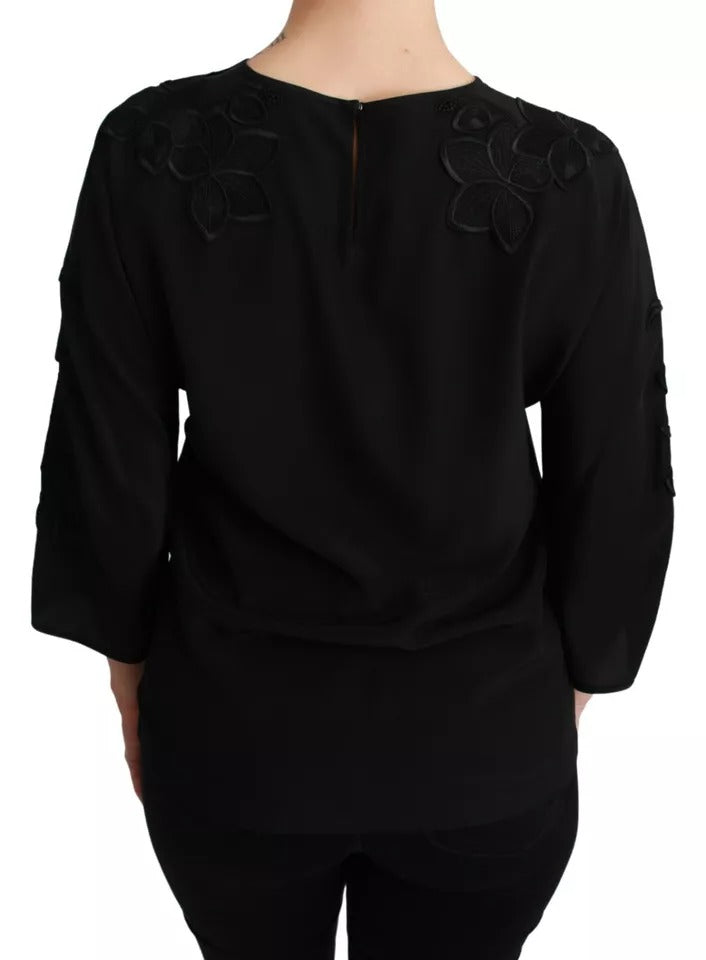 Schwarze floral bestickte Bluse Seidentop