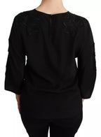 Schwarze floral bestickte Bluse Seidentop