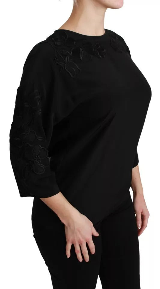 Schwarze floral bestickte Bluse Seidentop