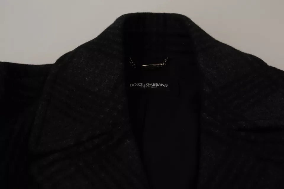 Schwarzer Trenchcoat aus karierter Wolle