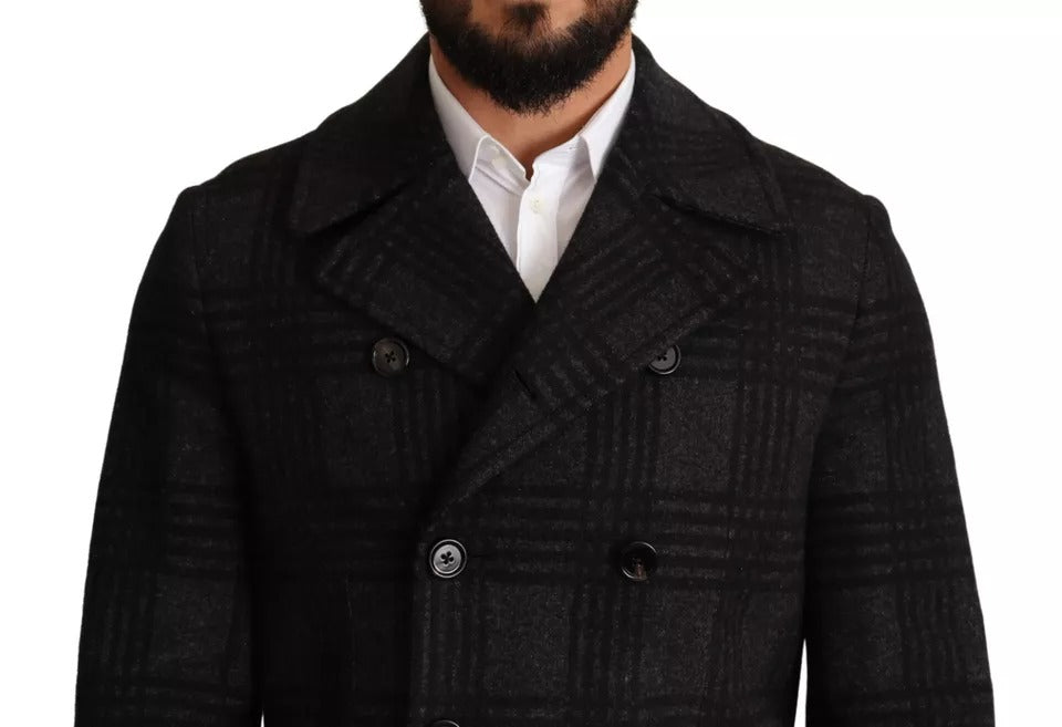 Schwarzer Trenchcoat aus karierter Wolle