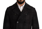 Schwarzer Trenchcoat aus karierter Wolle