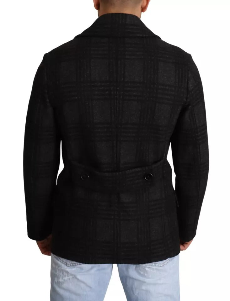 Schwarzer Trenchcoat aus karierter Wolle