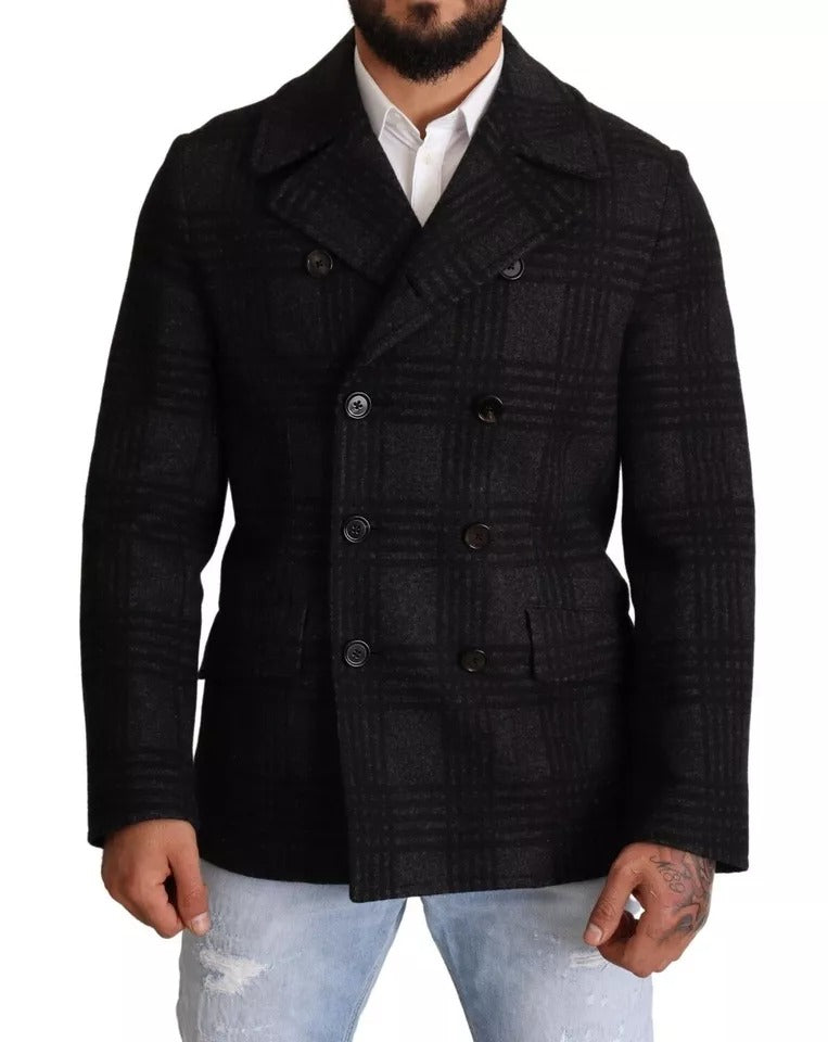 Schwarzer Trenchcoat aus karierter Wolle