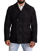 Schwarzer Trenchcoat aus karierter Wolle