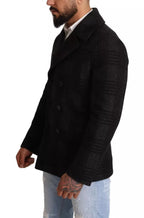 Schwarzer Trenchcoat aus karierter Wolle