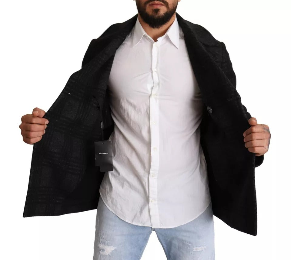 Schwarzer Trenchcoat aus karierter Wolle