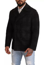 Schwarzer Trenchcoat aus karierter Wolle