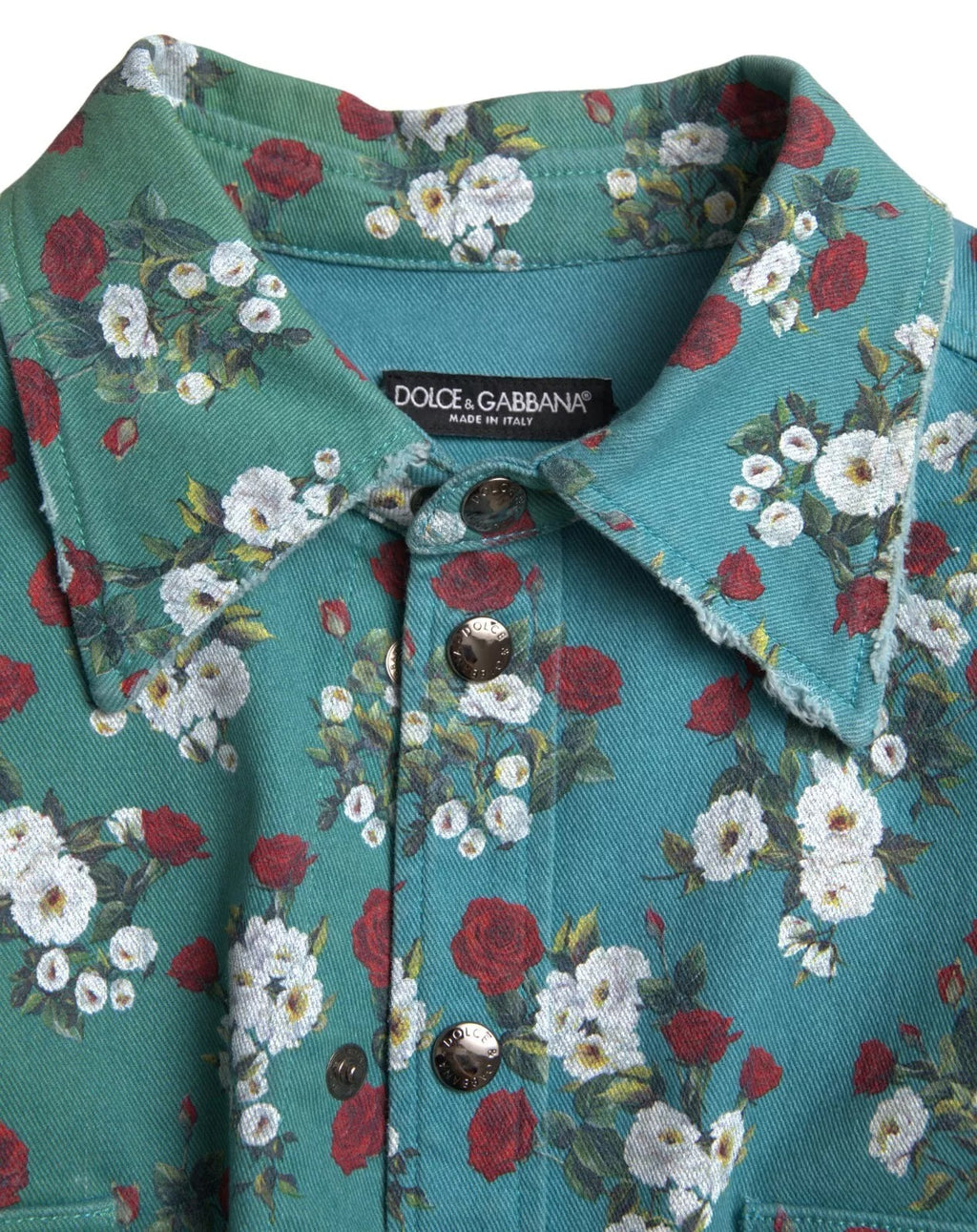 Blaues florales Baumwoll-Denimhemd mit Knopfleiste