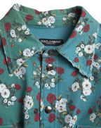 Blaues florales Baumwoll-Denimhemd mit Knopfleiste