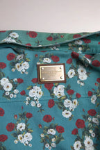 Blaues florales Baumwoll-Denimhemd mit Knopfleiste