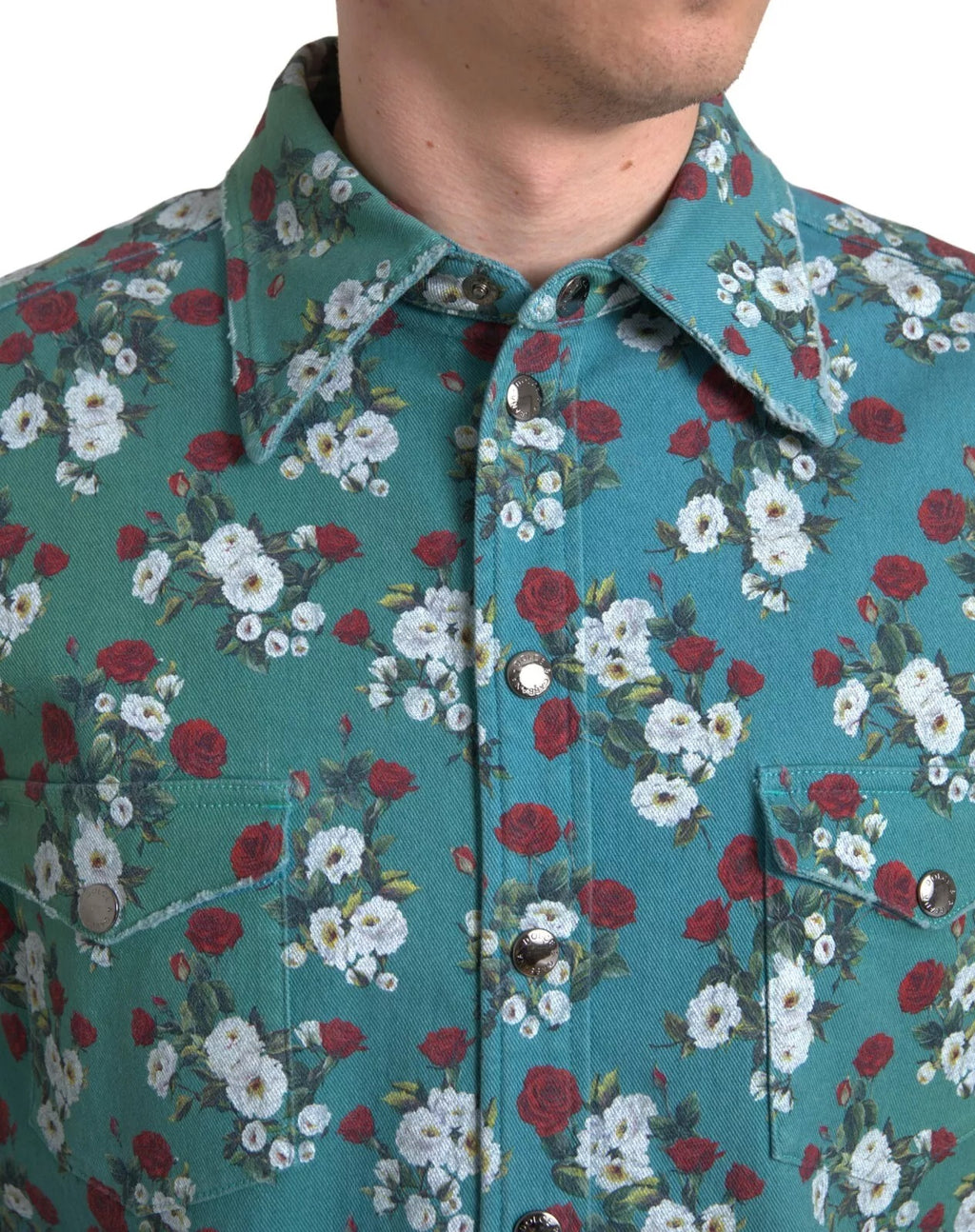 Blaues florales Baumwoll-Denimhemd mit Knopfleiste