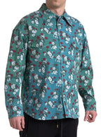 Blaues florales Baumwoll-Denimhemd mit Knopfleiste
