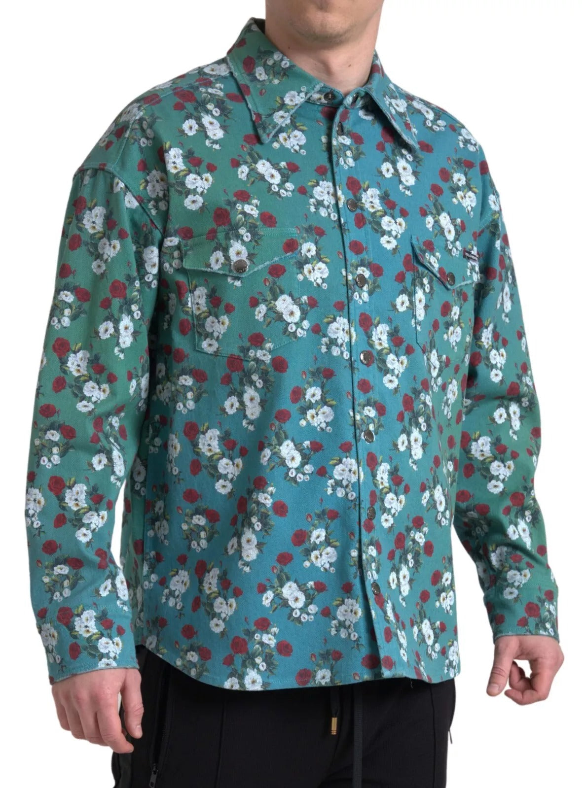 Blaues florales Baumwoll-Denimhemd mit Knopfleiste