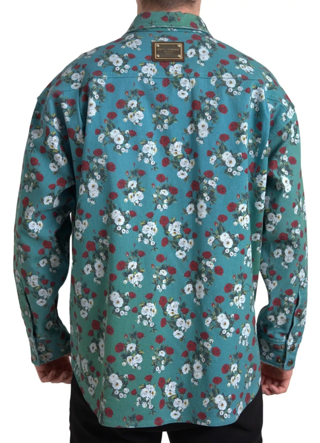 Blaues florales Baumwoll-Denimhemd mit Knopfleiste