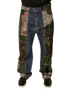 Blaue Patchwork Baumwoll Straight-Fit Jeans