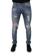 Blaue Used-Stretch-Skinny-Jeans aus Baumwolle