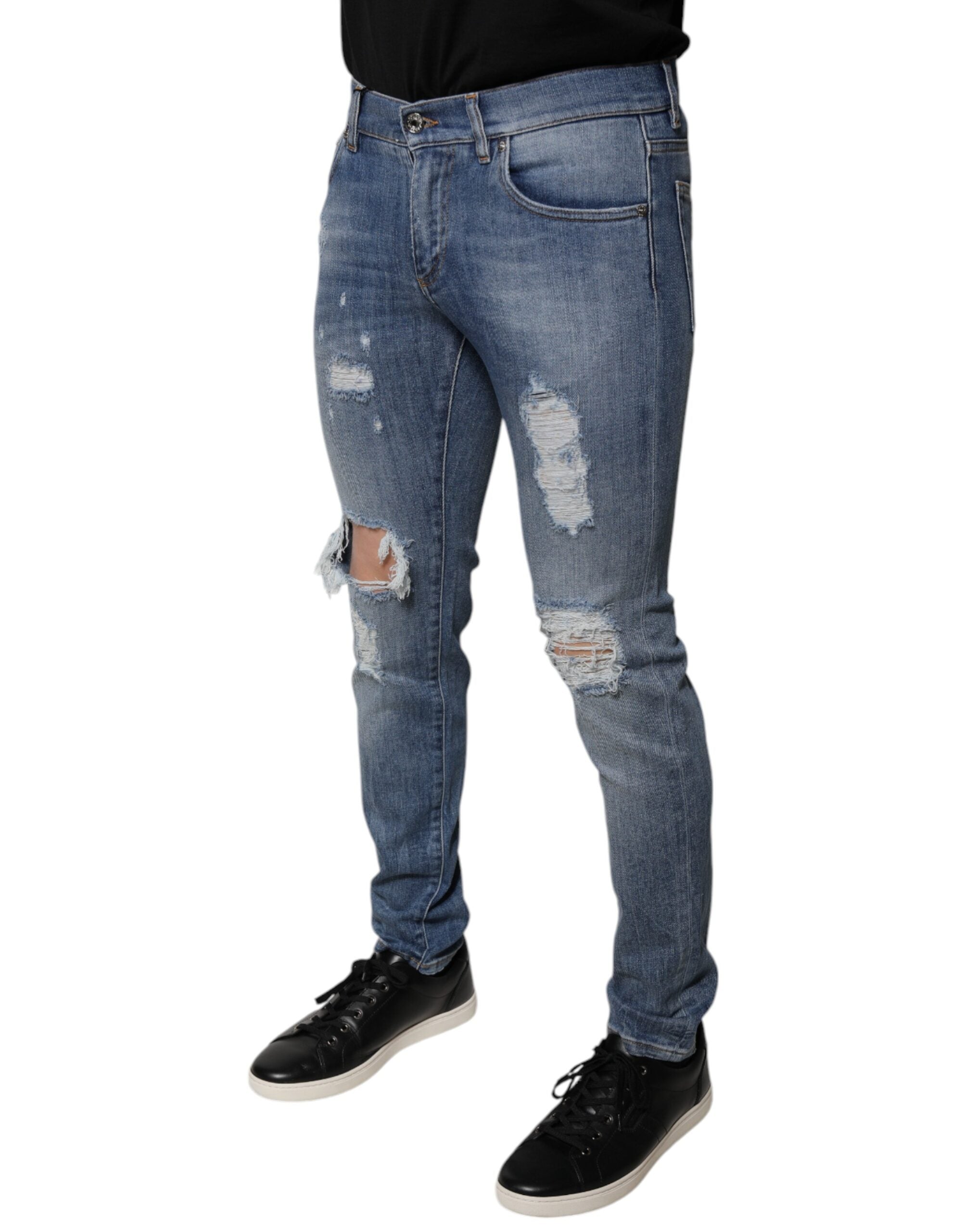 Blaue Used-Stretch-Skinny-Jeans aus Baumwolle