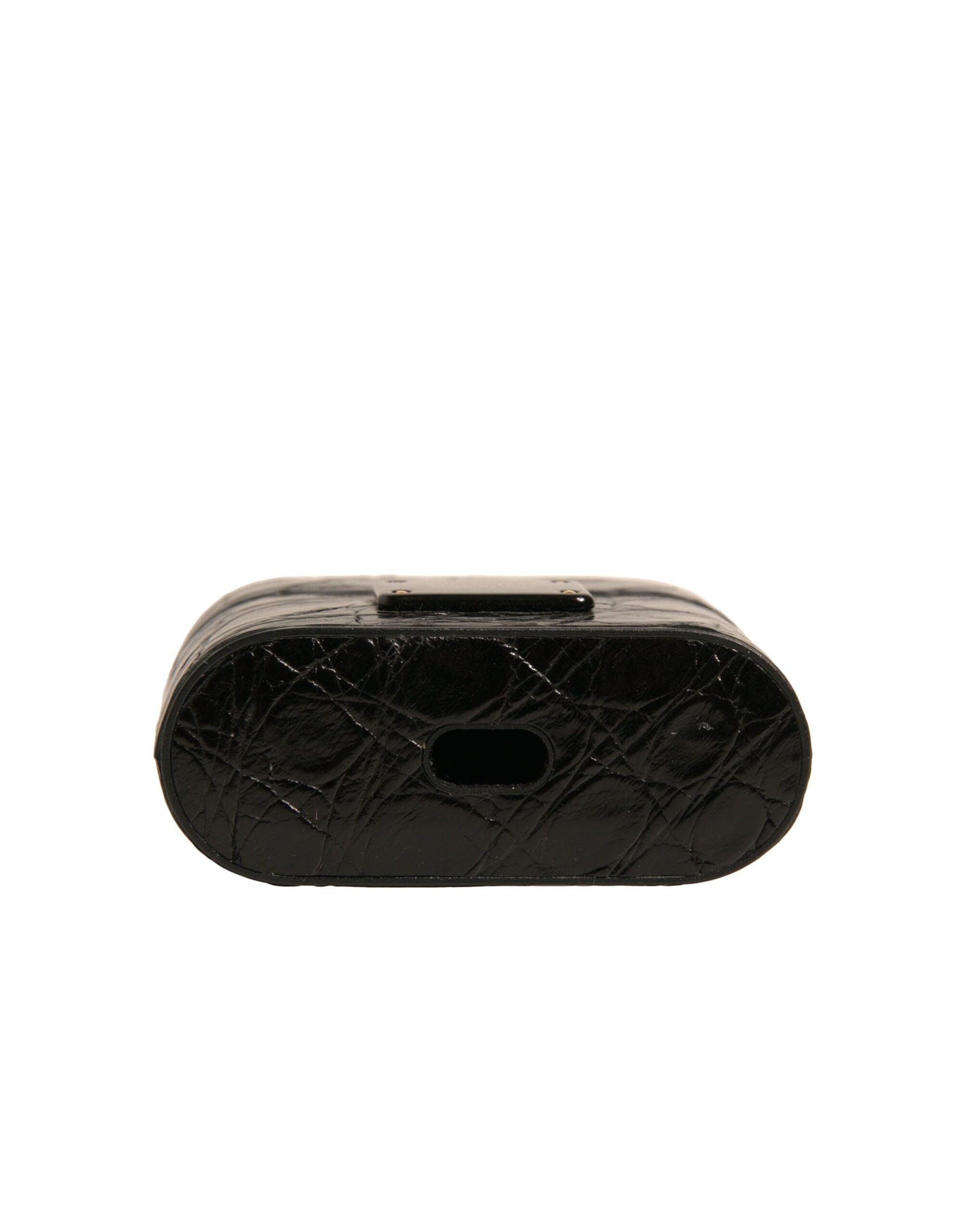 Airpods-Hülle aus schwarzem Leder mit Metall-Logo-Plakette
