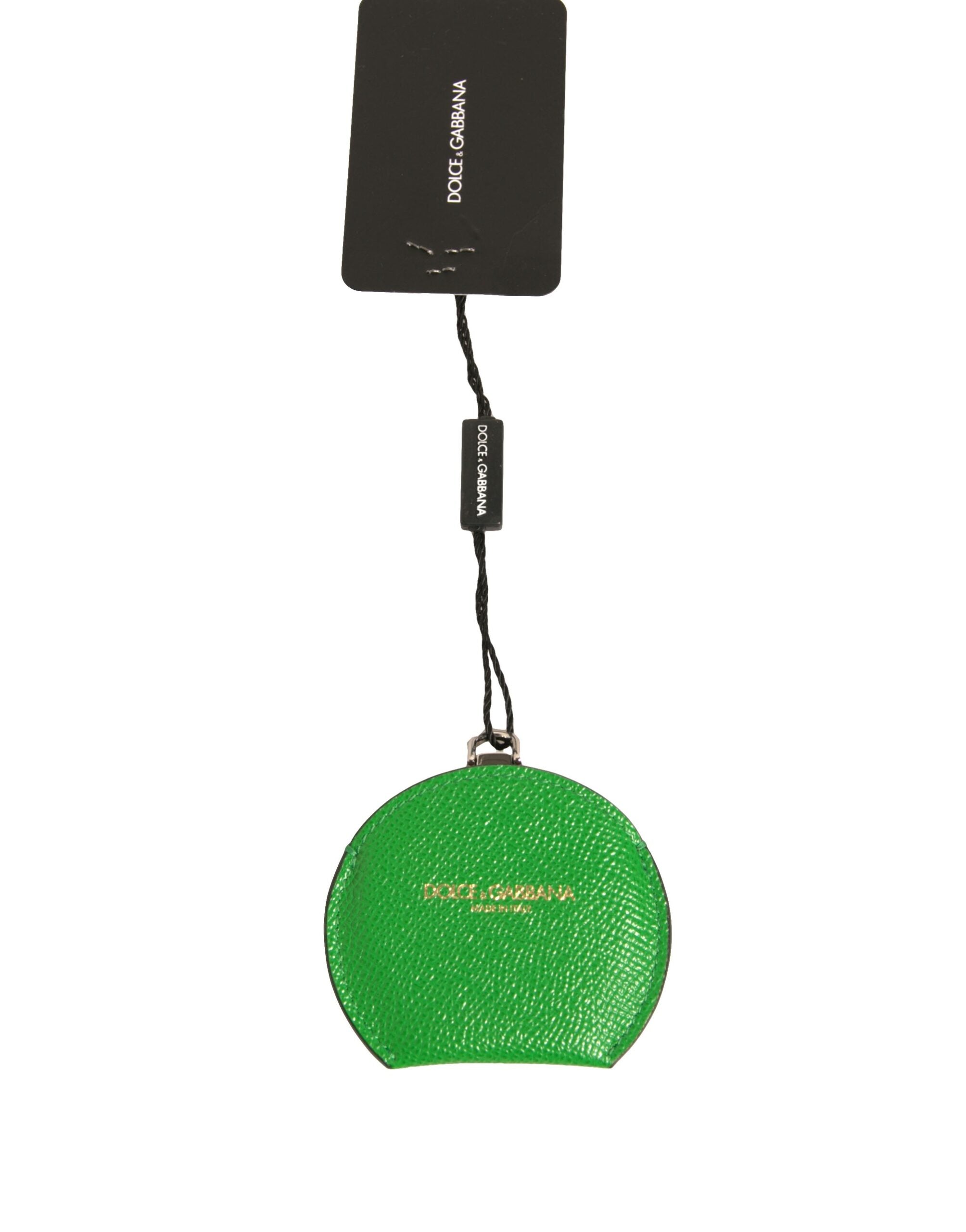 Porta Specchietto Rotondo in Pelle di Vitello Verde con Logo