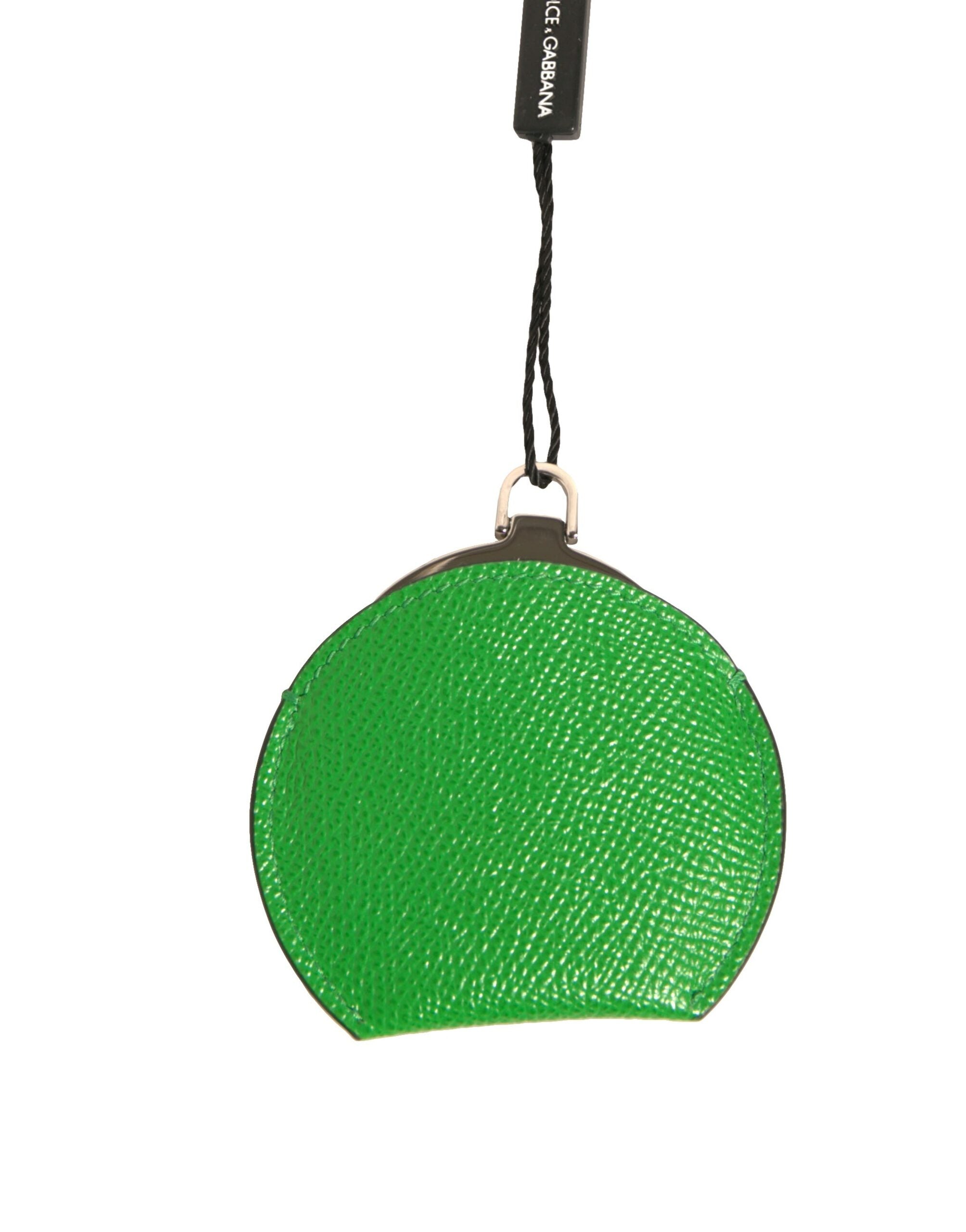 Porta Specchietto Rotondo in Pelle di Vitello Verde con Logo