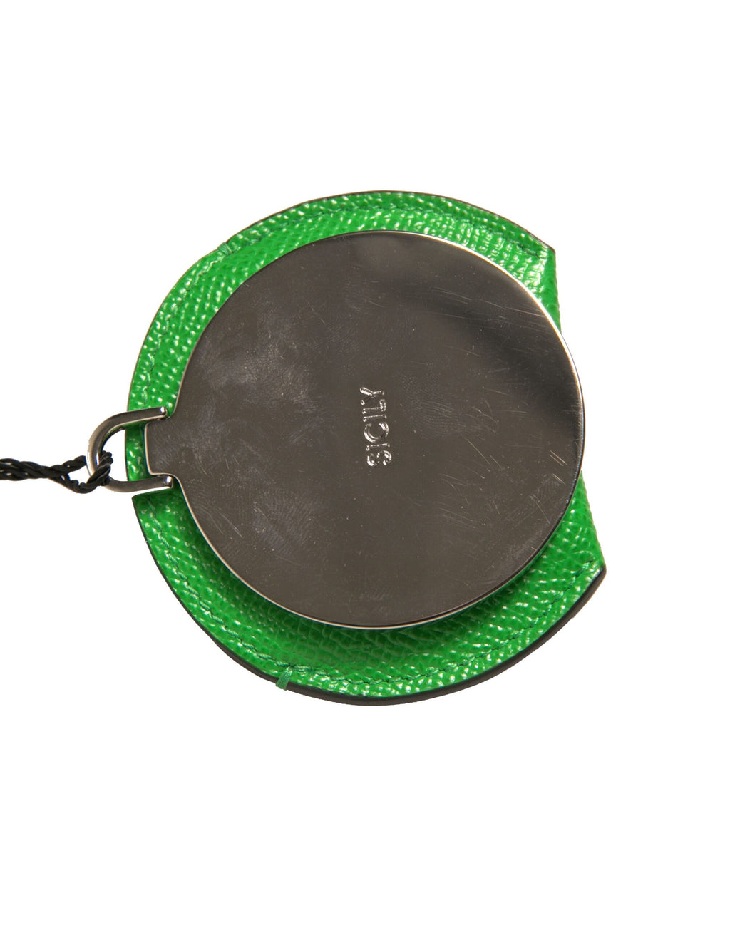 Porta Specchietto Rotondo in Pelle di Vitello Verde con Logo