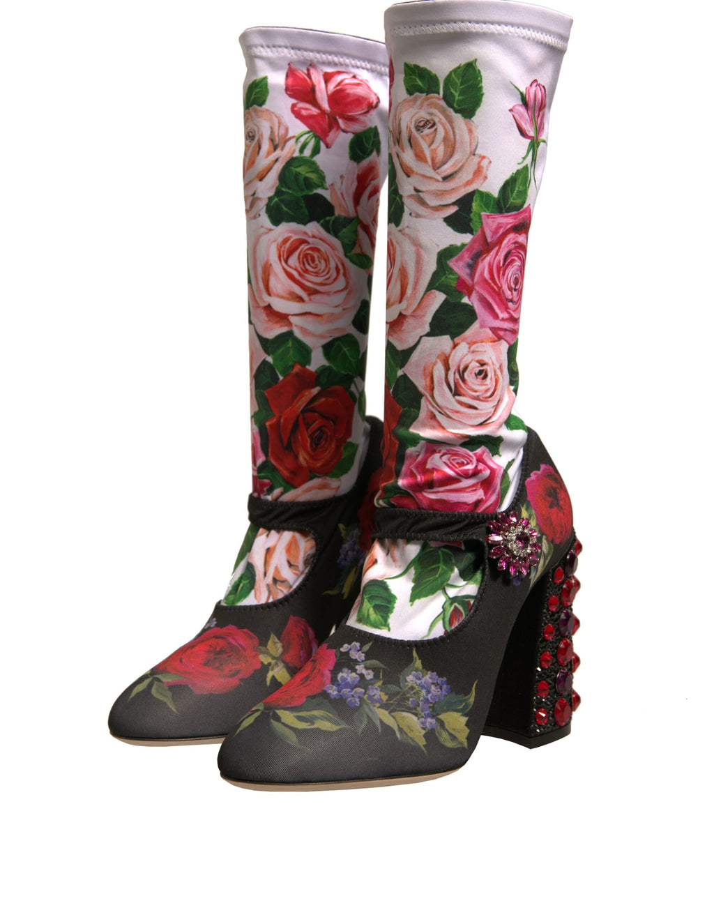 Schwarze Socken mit Blumenmuster Kristallstiefel Jersey-Schuhe