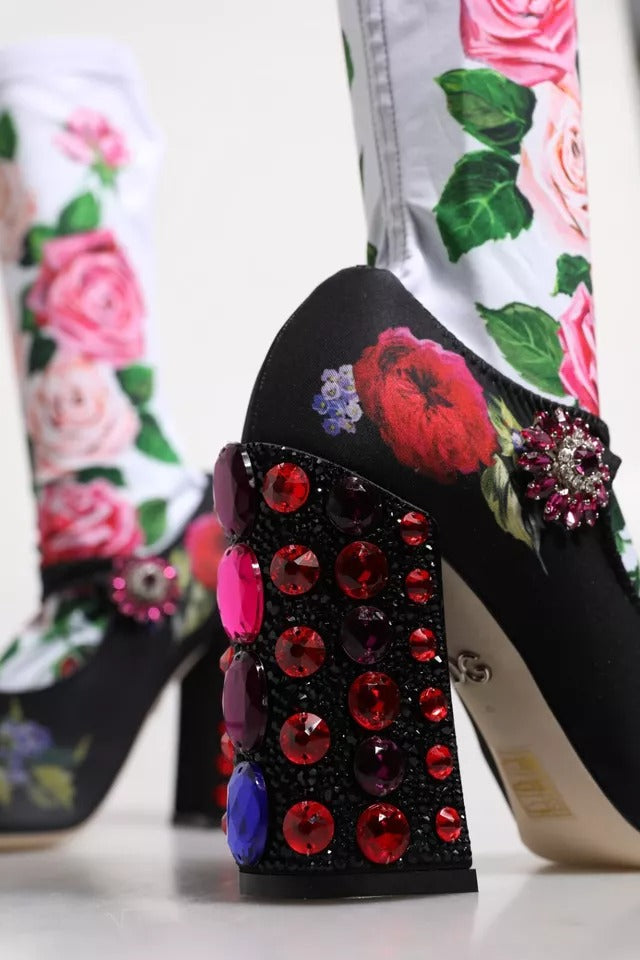Schwarze Socken mit Blumenmuster Kristallstiefel Jersey-Schuhe