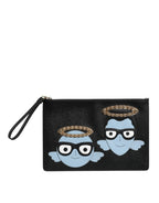 Schwarze Ledertasche für Herren mit Reißverschluss #DGFAMILY mit Verzierungen