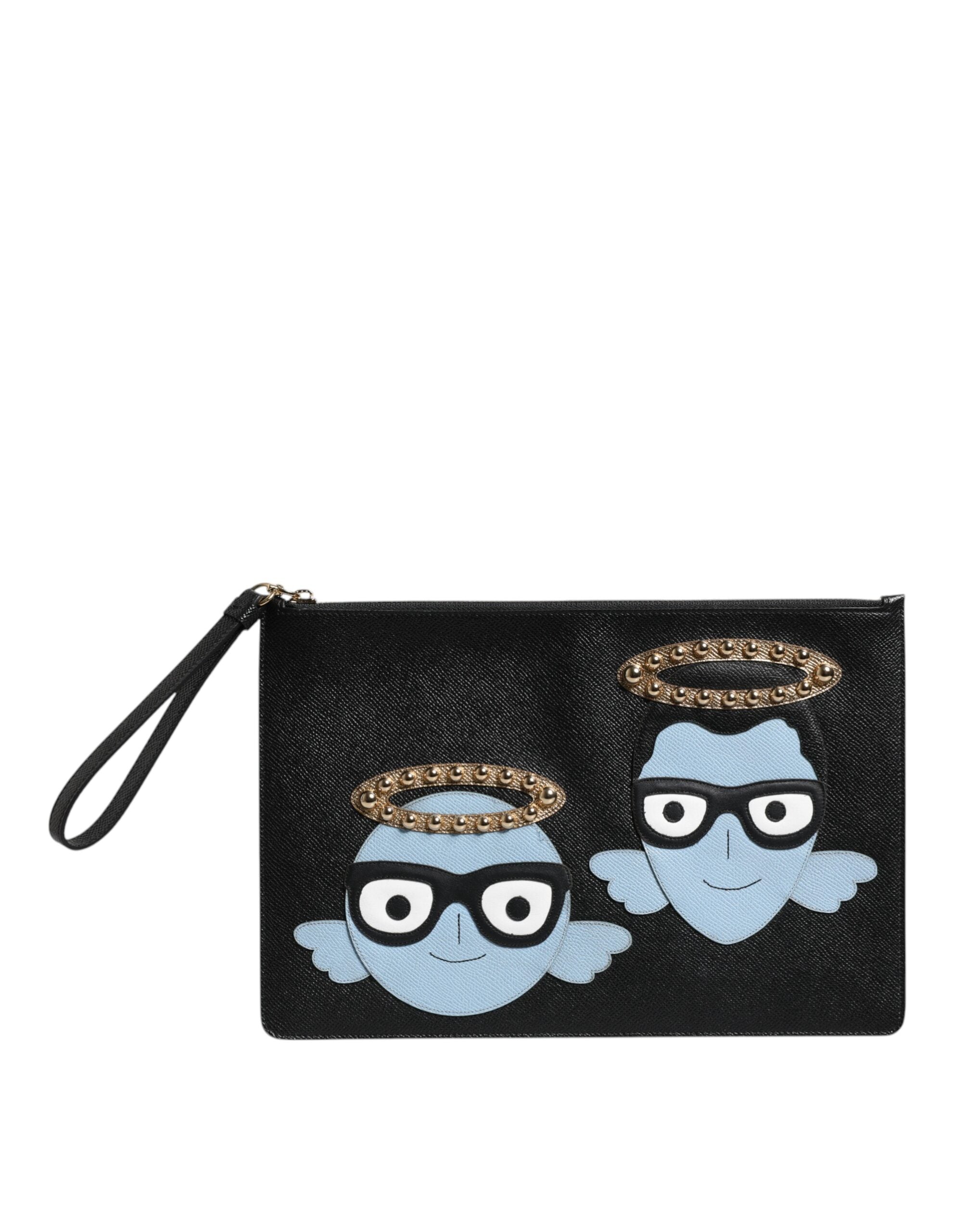 Schwarze Ledertasche für Herren mit Reißverschluss #DGFAMILY mit Verzierungen