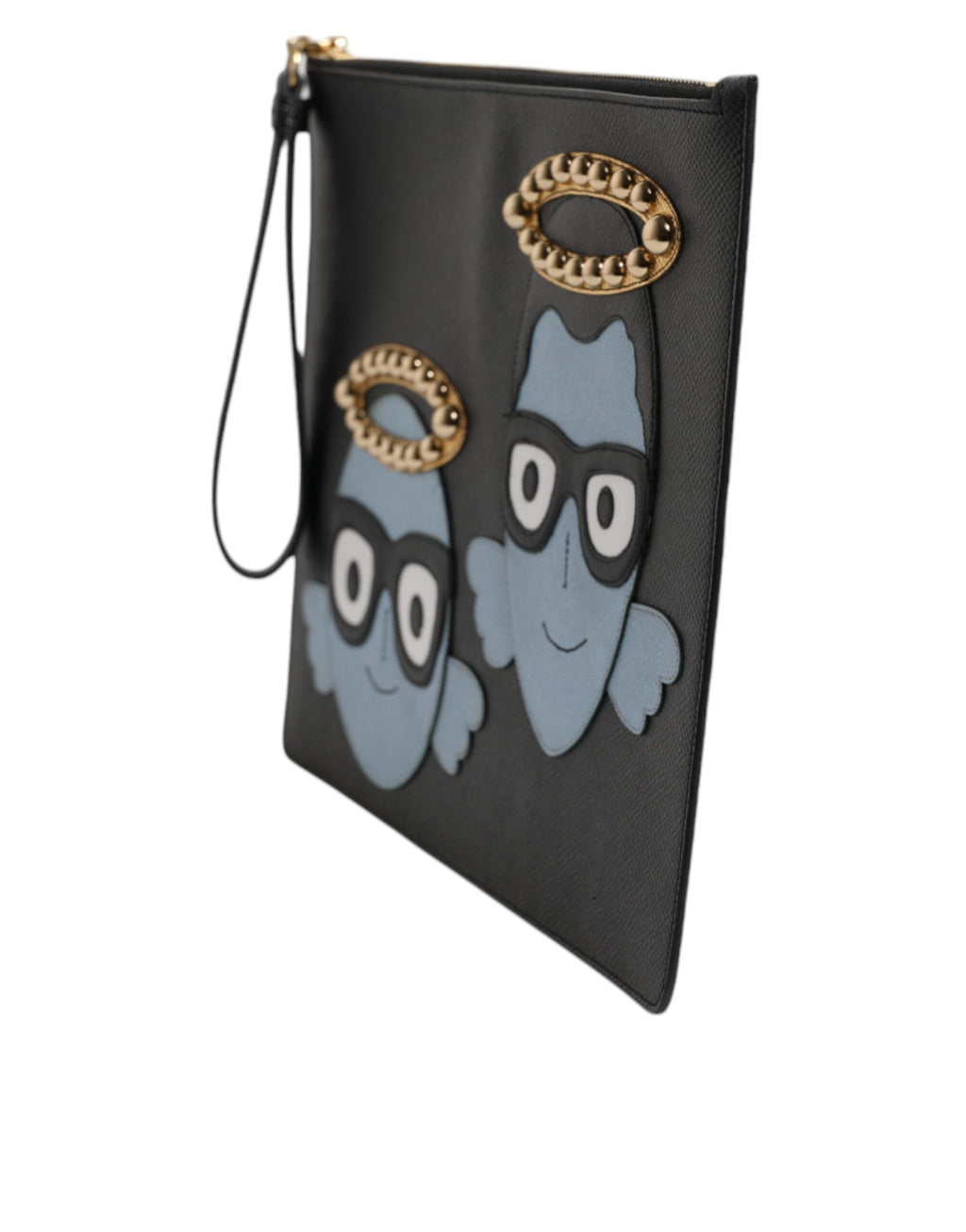 Schwarze Ledertasche für Herren mit Reißverschluss #DGFAMILY mit Verzierungen