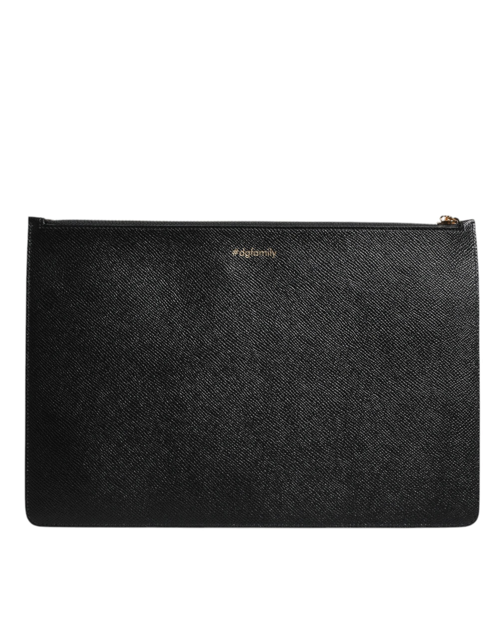 Schwarze Ledertasche für Herren mit Reißverschluss #DGFAMILY mit Verzierungen