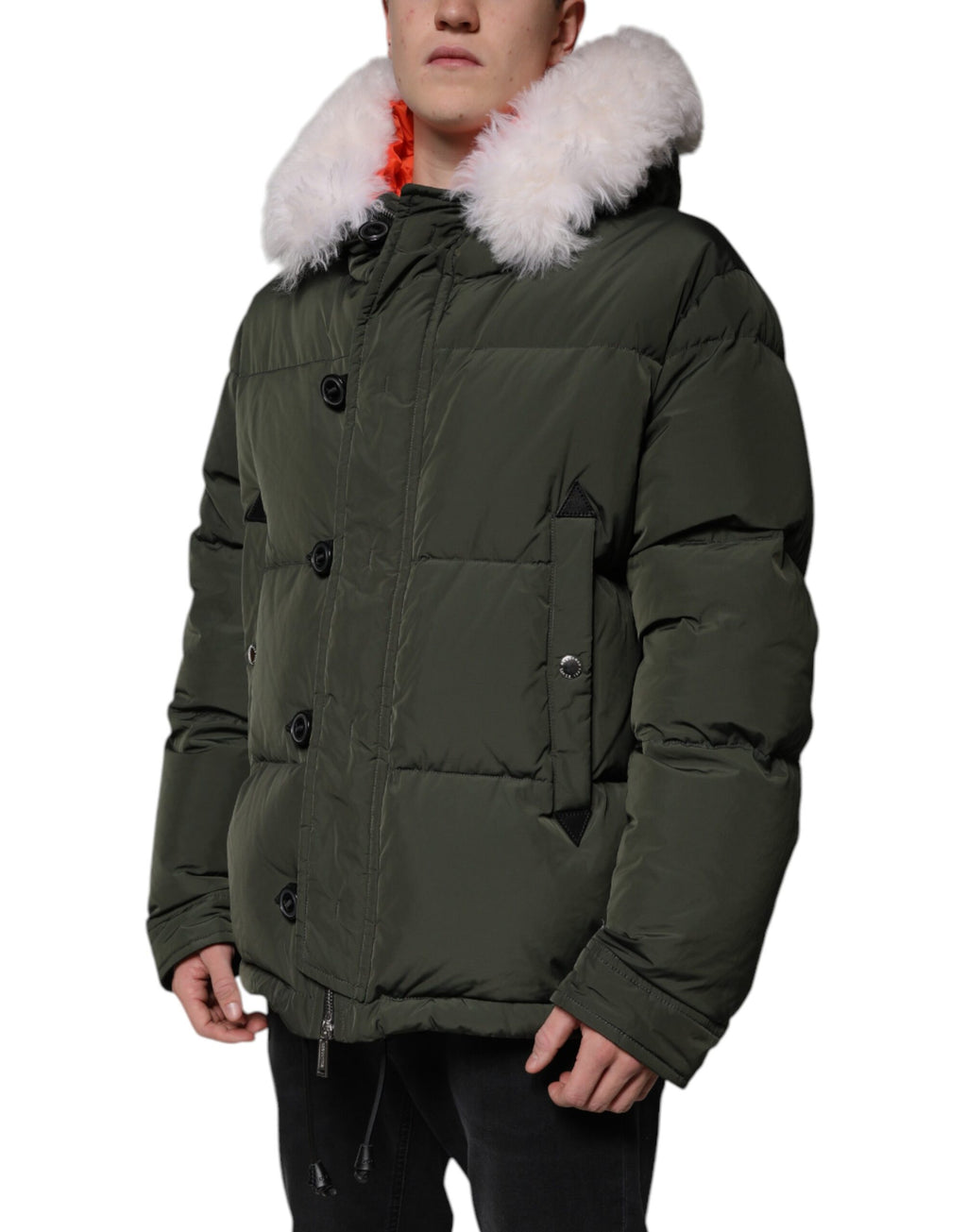 Grüne Kapuzenjacke mit langen Ärmeln aus Schaffell