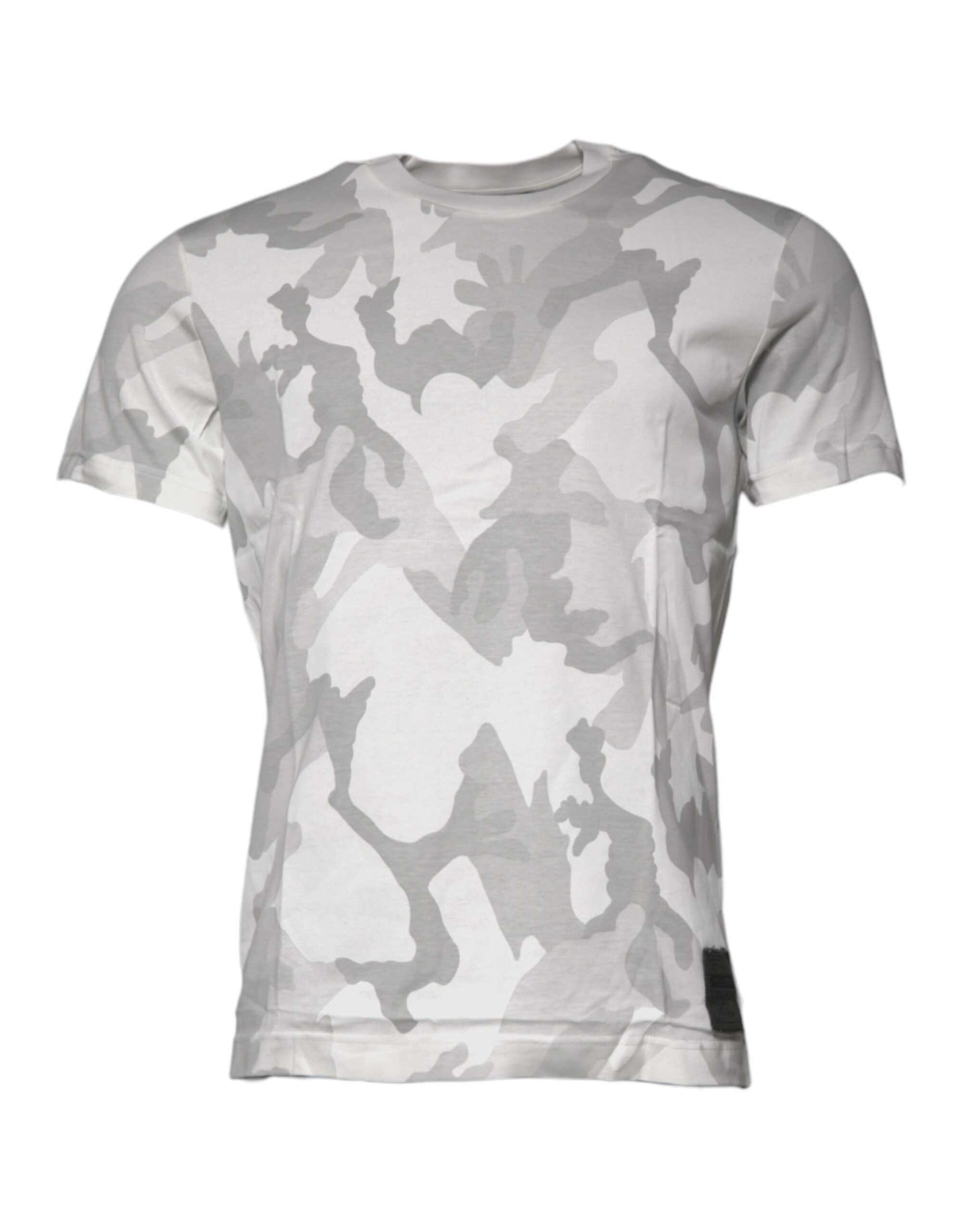 Weiß-graues Baumwoll-T-Shirt mit Rundhalsausschnitt und Camouflage-Muster