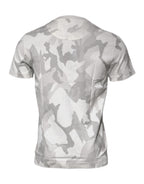 Weiß-graues Baumwoll-T-Shirt mit Rundhalsausschnitt und Camouflage-Muster