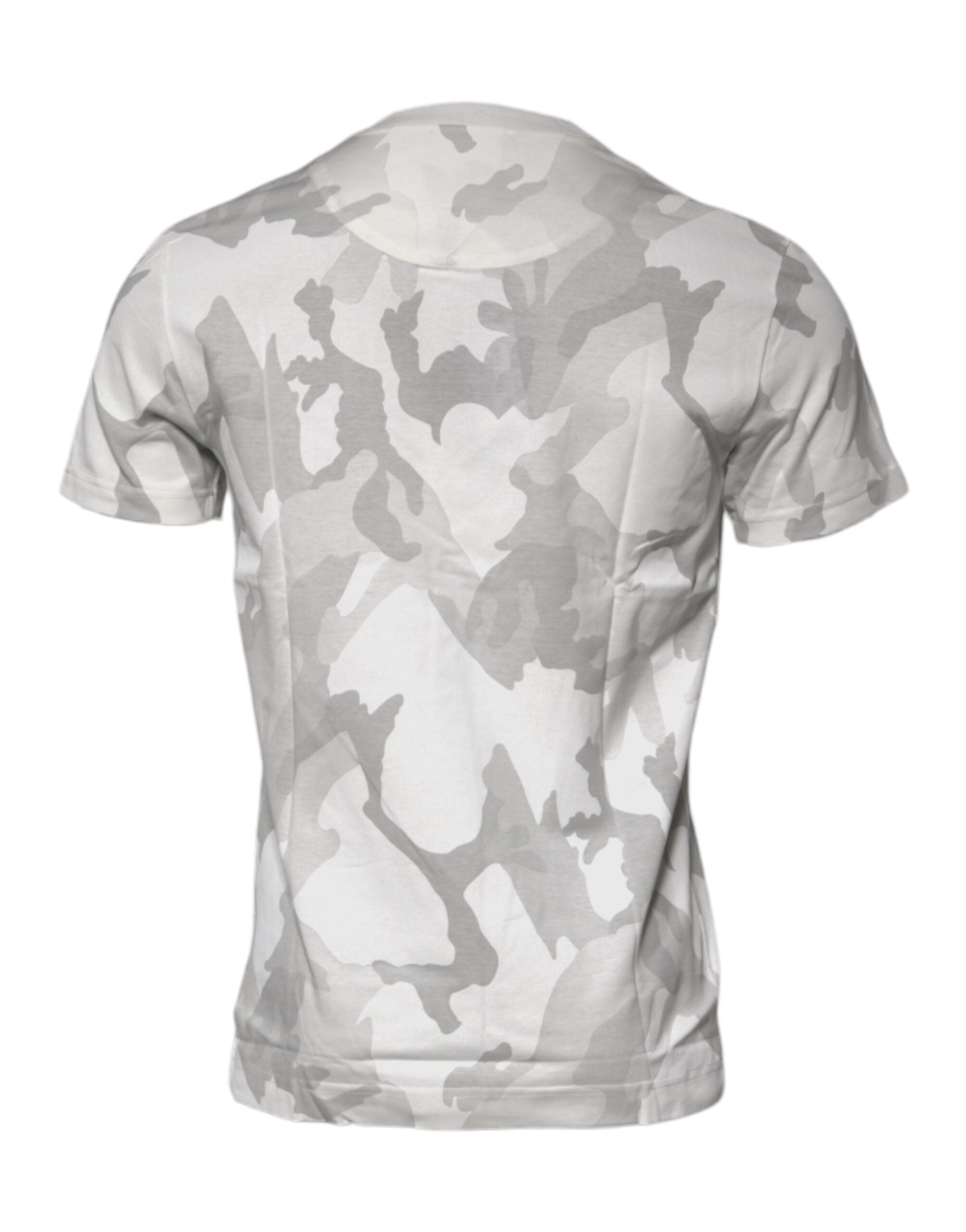 Weiß-graues Baumwoll-T-Shirt mit Rundhalsausschnitt und Camouflage-Muster