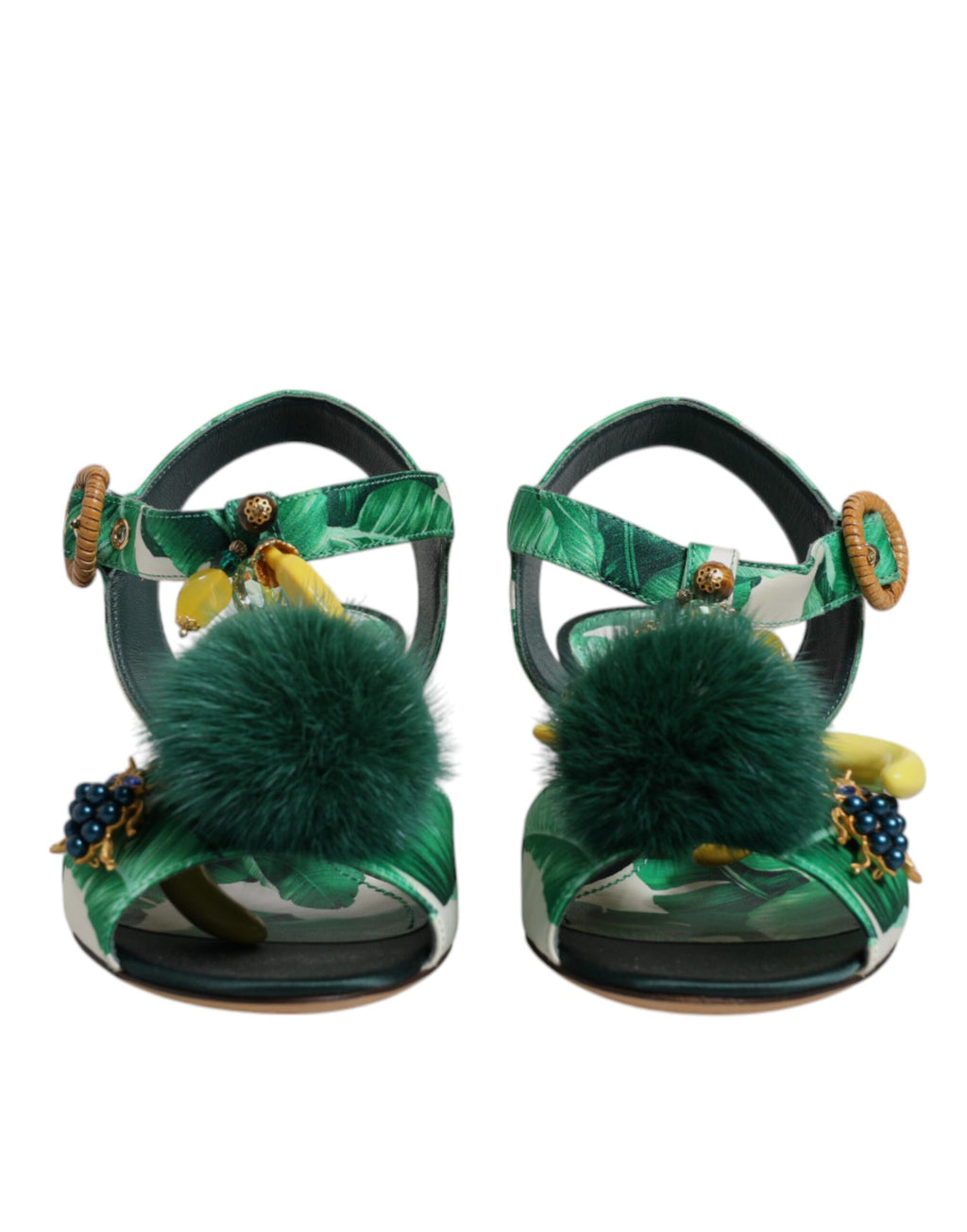 Grüne Kristall-Sandalen mit Fellverzierung