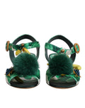 Grüne Kristall-Sandalen mit Fellverzierung