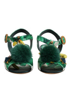 Grüne Kristall-Sandalen mit Fellverzierung