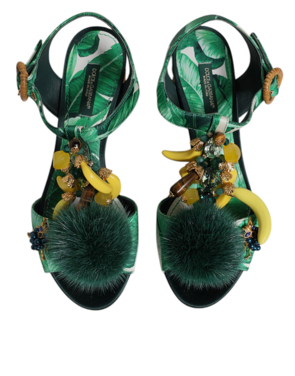 Grüne Kristall-Sandalen mit Fellverzierung