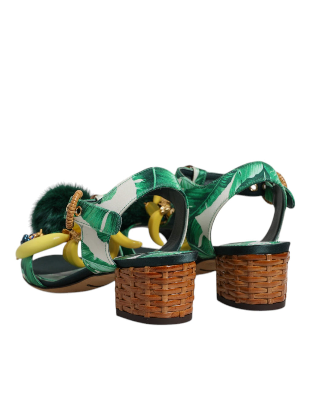 Grüne Kristall-Sandalen mit Fellverzierung