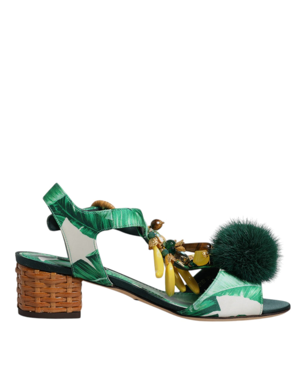 Grüne Kristall-Sandalen mit Fellverzierung